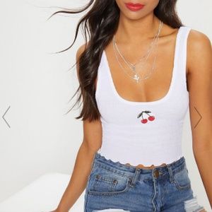 White Embroidered Cherry Crop Top